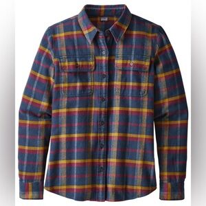 Patagonia Womens Long Sleeved Fjord Flannel Button Down Blue & Yellow Sz Small
